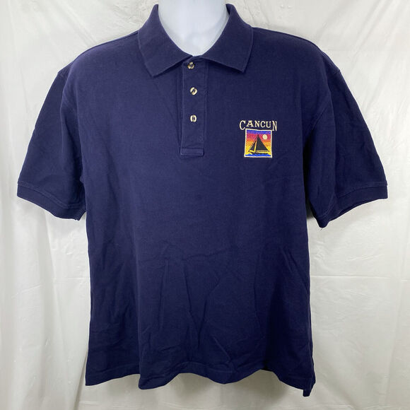 Vintage Le Best Cancun Embroidered Men’s Size Large Navy Blue Short Sleeve Polo - Picture 1 of 11